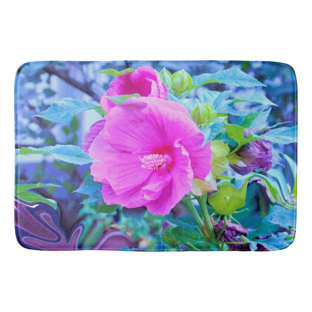 Eleganter Rosa Hibiskus Blume mit Aqua Foliage Badematte (Vorderseite)