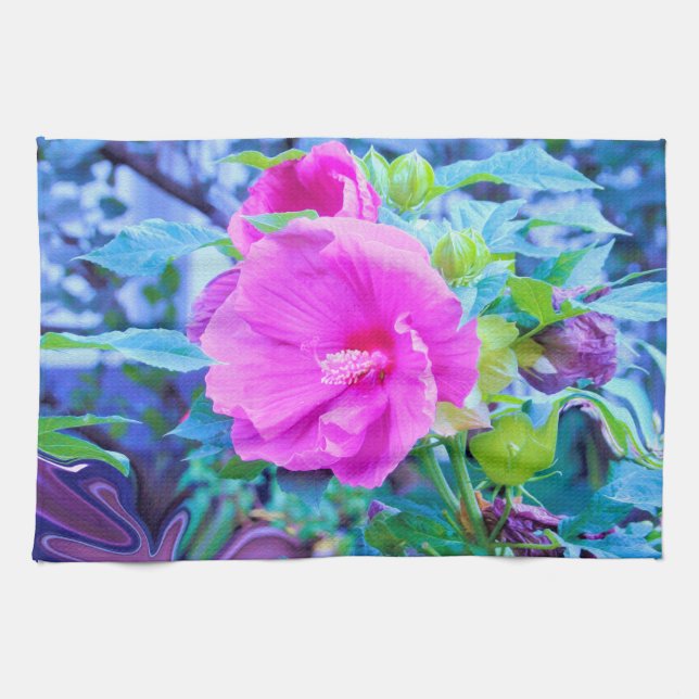 Eleganter Rosa Hibiskus Blume mit Aqua Foliage Geschirrtuch (Horizontal)