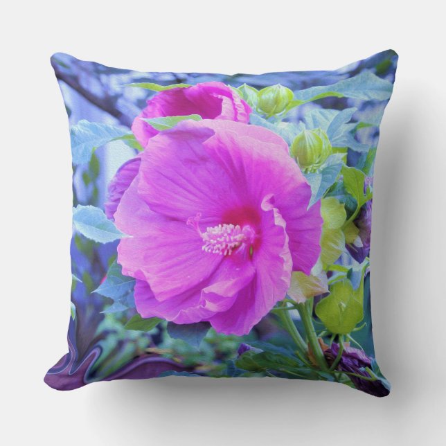 Eleganter Rosa Hibiskus Blume mit Aqua Foliage Kissen (Vorderseite)