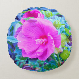 Eleganter Rosa Hibiskus Blume mit Aqua Foliage Rundes Kissen