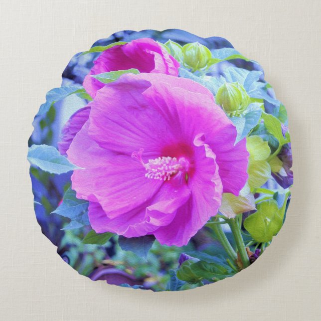 Eleganter Rosa Hibiskus Blume mit Aqua Foliage Rundes Kissen (Vorderseite)