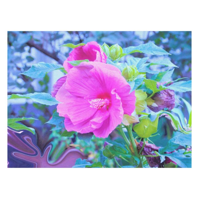 Eleganter Rosa Hibiskus Blume mit Aqua Foliage Tischdecke (Vorderseite (Horizontal))