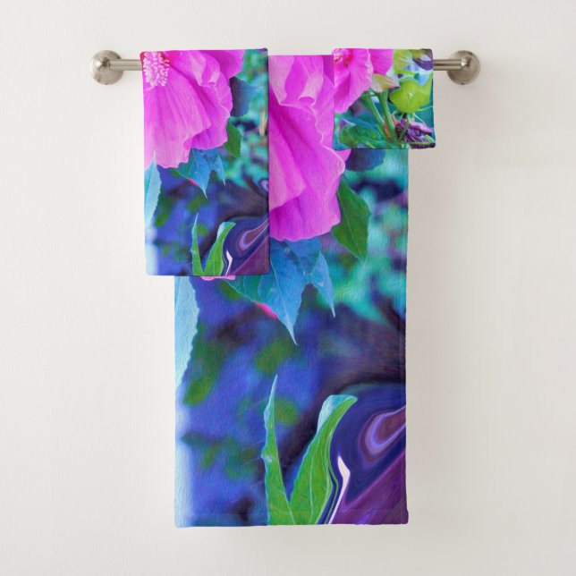 Eleganter rosa Hibiskus mit Wavy Blue Foliage Badhandtuch Set (Insitu)