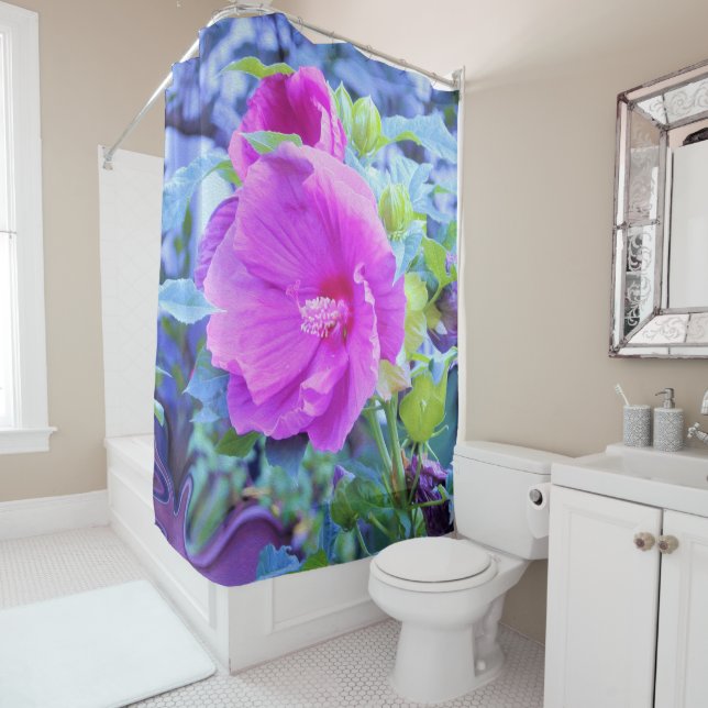 Eleganter rosa Hibiskus mit Wavy Blue Foliage Duschvorhang (Beispiel)