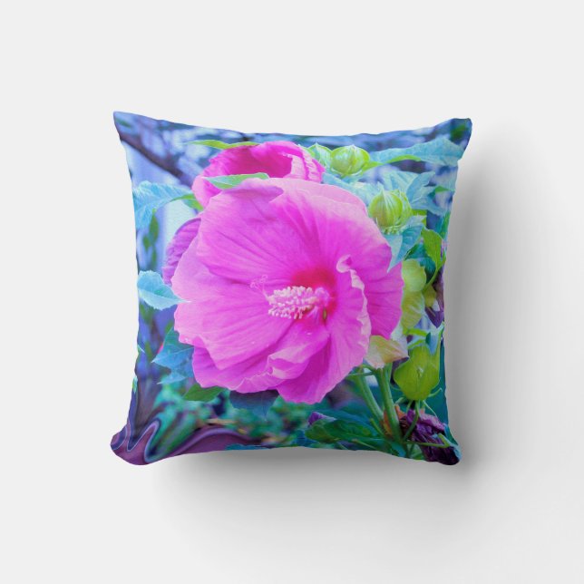 Eleganter rosa Hibiskus mit Wavy Blue Foliage Kissen (Vorderseite)