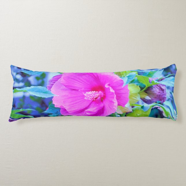 Eleganter rosa Hibiskus mit Wavy Blue Foliage Seitenschläferkissen (Vorderseite)
