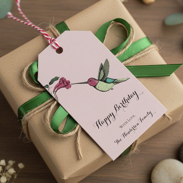 Eleganter Rosa Hummingbird Birthday Geschenkanhänger (Elegant Pink Hummingbird Gift Tags for Nature Lover. Colorful Floral Bird & Flower Illustration. )