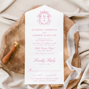 Eleganter Rosa Kamm Chinoiserie Monogramm Hochzeit All In One Einladung