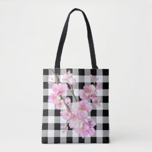 Eleganter Rosa Kirschblüten Schwarz-weißer Gingham