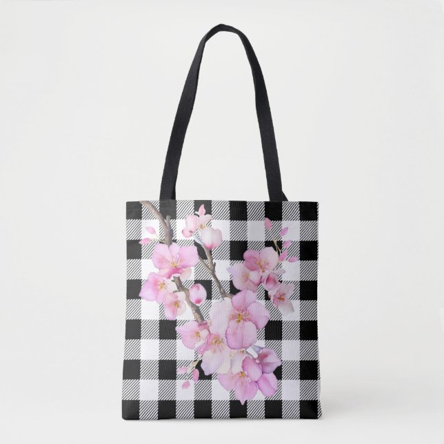 Eleganter Rosa Kirschblüten Schwarz-weißer Gingham (Vorderseite)