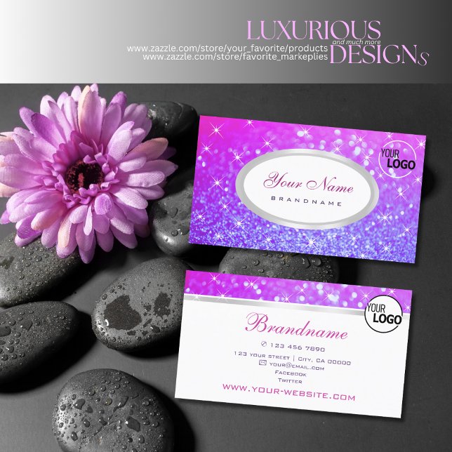 Eleganter rosa Lila Glitzer Sparkle Stars und Logo Visitenkarte (Von Creator hochgeladen)
