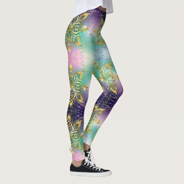 Eleganter Rosa lila grüner Urlaub Snowflakes Stars Leggings (Rechts)