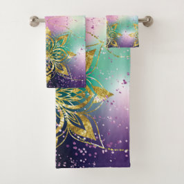 Eleganter Rosa lila grüner Urlaub Snowflakes-Stern Badhandtuch Set