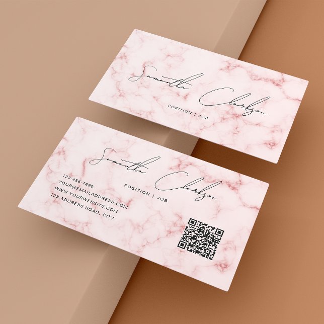 Eleganter rosa Marmor Handgeschriebener Script QR- Visitenkarte (Von Creator hochgeladen)