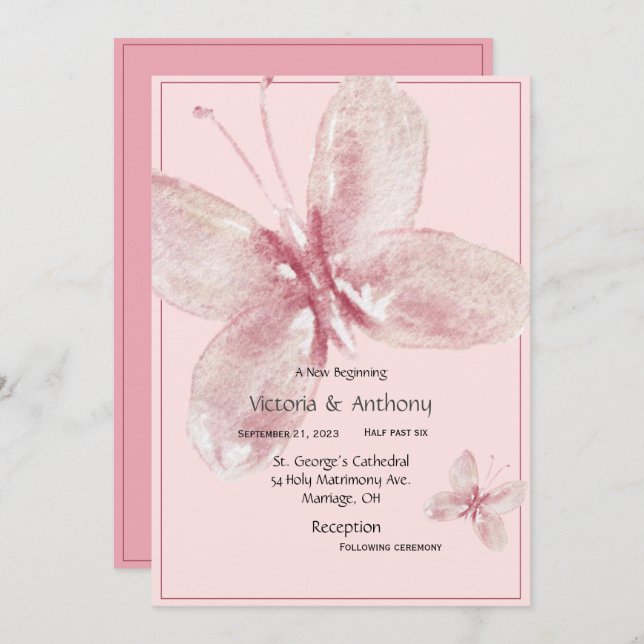 Eleganter rosa Mauve Watercolor Butterfly Einladung (Vorne/Hinten)