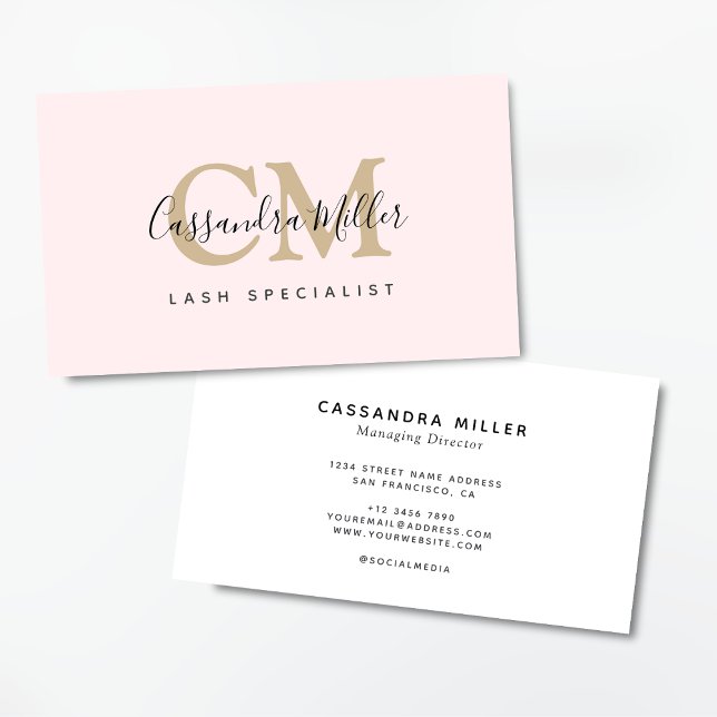 Eleganter Rosa Mit Monogramm Name Beruflich Visitenkarte (Monogram logo Beauty Specialist business card)