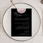 Eleganter rosa Mond | Black Celestial Wedding Menükarte<br><div class="desc">Fügen Sie Ihrem Hochzeitstisch ein Gefühl von Mysterium und Romantik mit dieser inspirierten Abendkarte hinzu. Ein sanfter Vollmond glänzt vor einem reichen schwarzen Hintergrund, gepaart mit fließendem Skript für ein raffiniertes, aber ansonsten weltliches Gefühl. Ideal für Paare, die eine lustige, moderne oder spirituelle Feier planen. Dieses Design ergänzt gotische, boho...</div>
