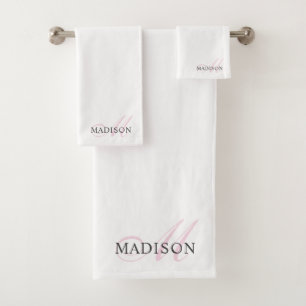 Eleganter rosa Monogram Script Anfangsname Weiß Badhandtuch Set