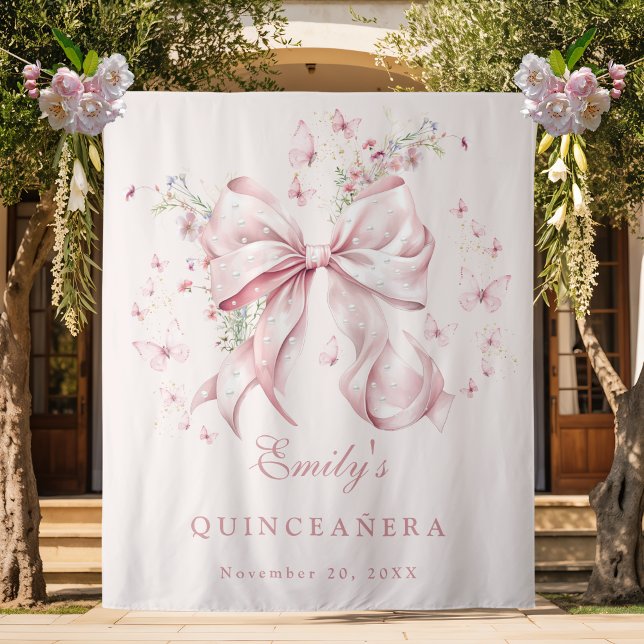 Eleganter Rosa Perlen Perlen Quinceanera Geburtsta Wandteppich (Elegant Coquette Pink Bow Quinceañera backdrop)