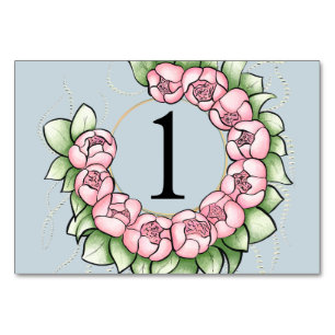 Eleganter rosa Pfingstrosenkranz-Aquarell-Hochzeit Tischnummer