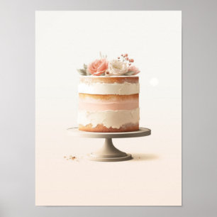 Eleganter Rosa Pfirsich Blumenkuchen Küche Bäckere Poster
