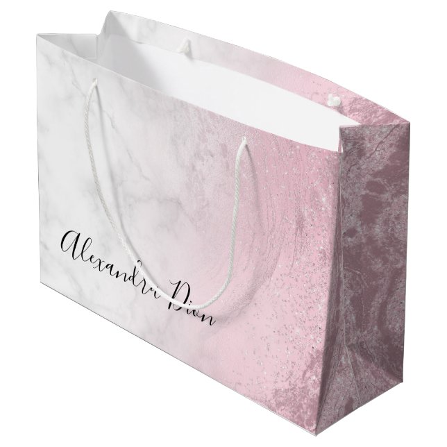 Eleganter, rosa Rosa-Glitzer-Marmor Große Geschenktüte (Rückseite Schrägansicht)