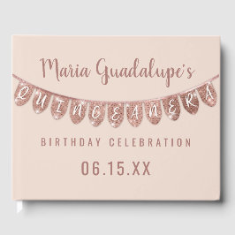 Eleganter Rosa Rose Gold Glitzer Banner Quinceañer Gästebuch