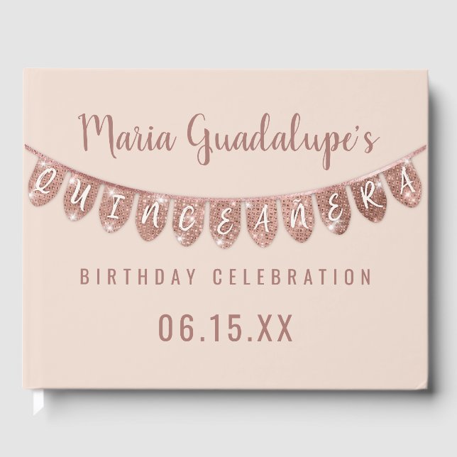 Eleganter Rosa Rose Gold Glitzer Banner Quinceañer Gästebuch (Vorderseite)