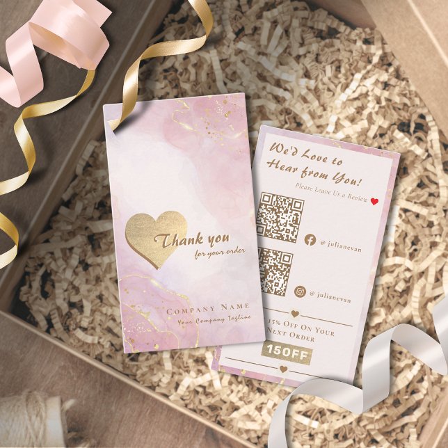 Eleganter rosa Rose Gold Herz QR Code Vielen Dank Visitenkarte (Elegant Pink Rose Gold Heart QR code Thank you Card for Business)