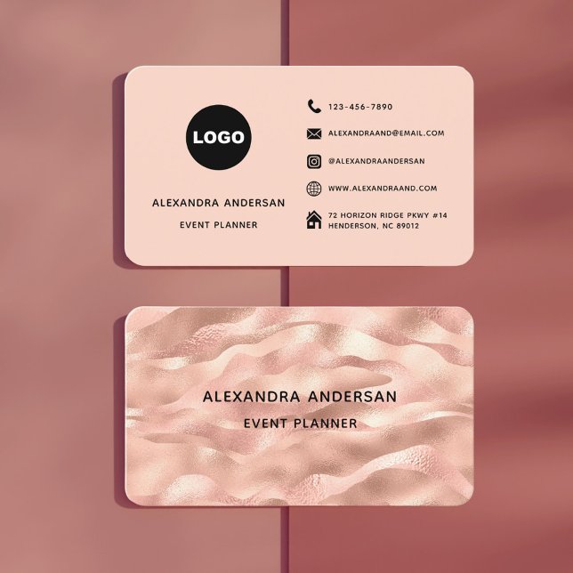 Eleganter Rosa Rose Gold Metallwellen Corporate Visitenkarte (Elegant Blush Pink Rose Gold Metal Waves Corporate Business Card)