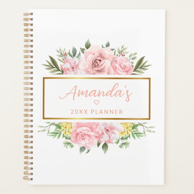 Eleganter rosa Rose Personalisierter Name Planer (Vorderseite)