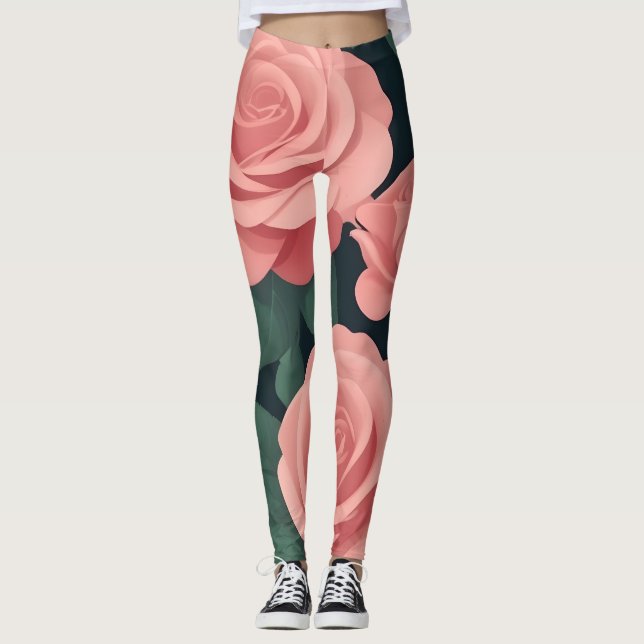 Eleganter rosa Rosen Leggings auf dunklem Hintergr (Vorderseite)
