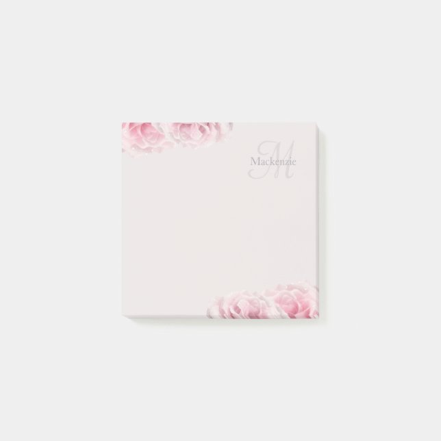 Eleganter rosa Roses Monogram Individuelle Name Fl Post-it Klebezettel (Vorderseite)