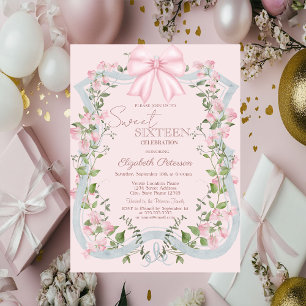 Eleganter rosa Schleifen-Blumenrahmen Sweet 16 Einladung