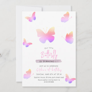 Eleganter rosa Schmetterling 1. Geburtstag Einladung
