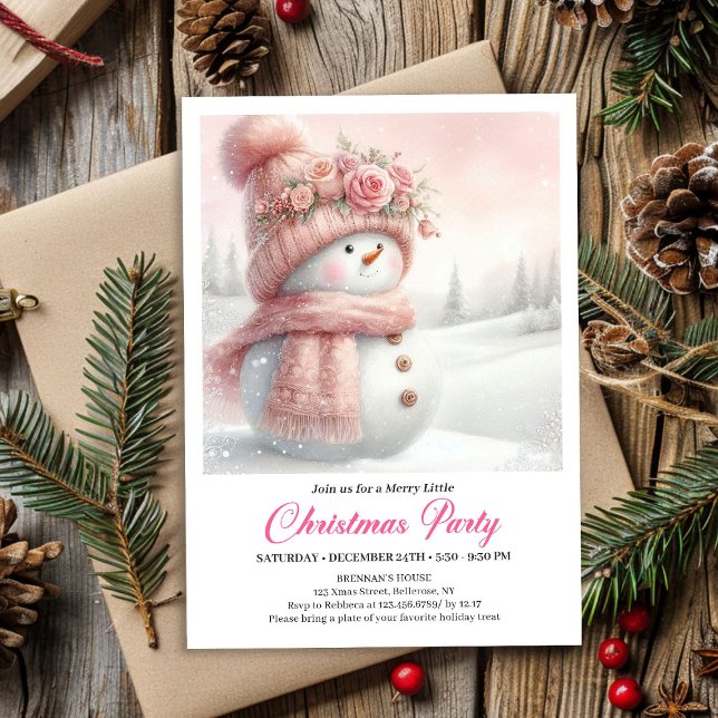 Eleganter rosa Schneemann-Kinder editierbare digit Einladung (Elegant Pink Snowman Kids Editable Digital Christmas Invitation

)