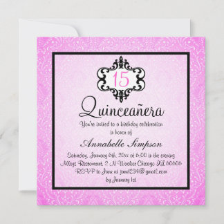 Eleganter rosa/schwarz-schick Damask Quinceanera E Einladung