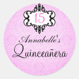 Eleganter rosa/schwarz-schick Damask Quinceañera S Runder Aufkleber