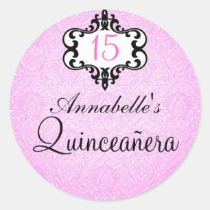 Eleganter rosa/schwarz-schick Damask Quinceañera S Runder Aufkleber