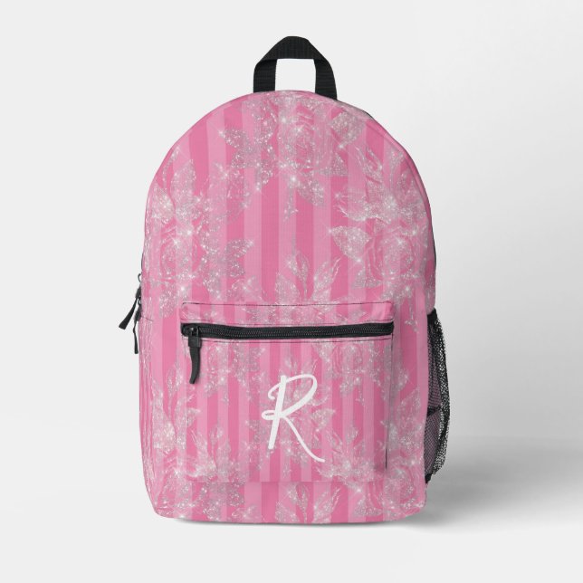 Eleganter Rosa & Silber Glitzer Personalisiert Bedruckter Rucksack (Vorderseite)
