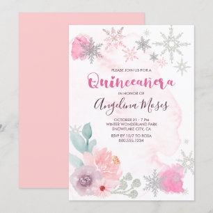 Eleganter Rosa Silber Winter Wonderland Quinceaner Einladung
