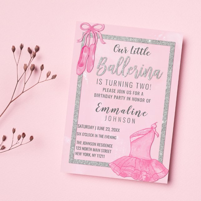 Eleganter rosa Silberballerina Aquarell Geburtstag Einladung (Elegant pink silver ballerina watercolor Birthday)
