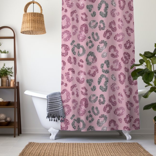 Eleganter rosa silberner Glitter-Leopard auf Roség Duschvorhang (Von Creator hochgeladen)