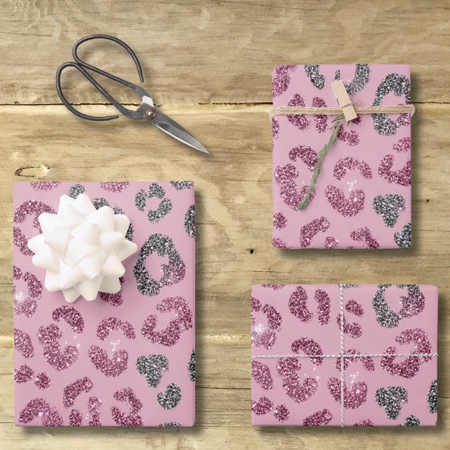 Eleganter rosa silberner Glitter-Leopard auf Roség Geschenkpapier Set (Von Creator hochgeladen)