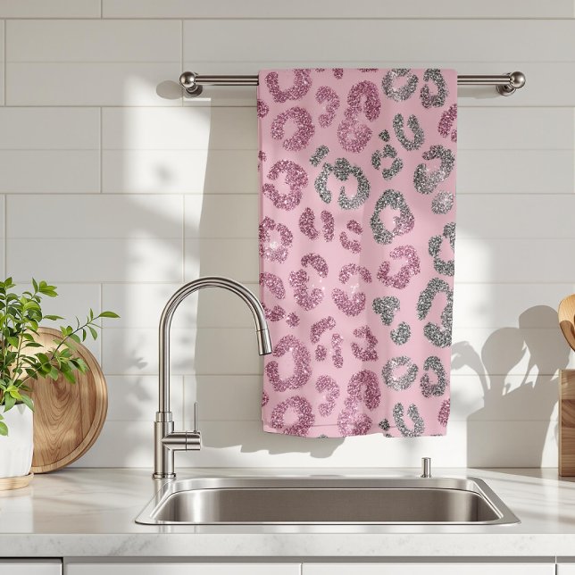 Eleganter rosa silberner Glitter-Leopard auf Roség Geschirrtuch (Von Creator hochgeladen)