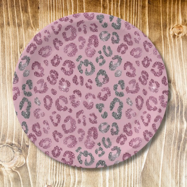 Eleganter rosa silberner Glitter-Leopard auf Roség Pappteller (Von Creator hochgeladen)