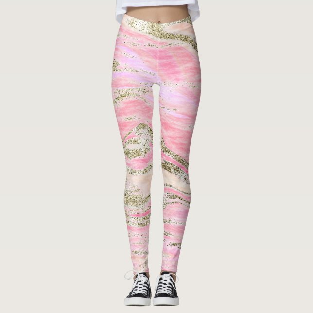 Eleganter rosa Silberner Glitzer Marmordesign Chic Leggings (Vorderseite)