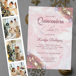 Eleganter Rosa und Gold Quinceñera Geburtstag Folieneinladung