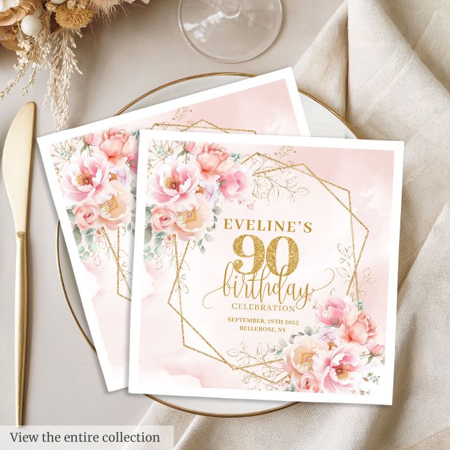 Eleganter Rosa- und Goldcocktail aus dem 90. Serviette (Elegant blush pink and gold 90th birthday cocktail Napkins)