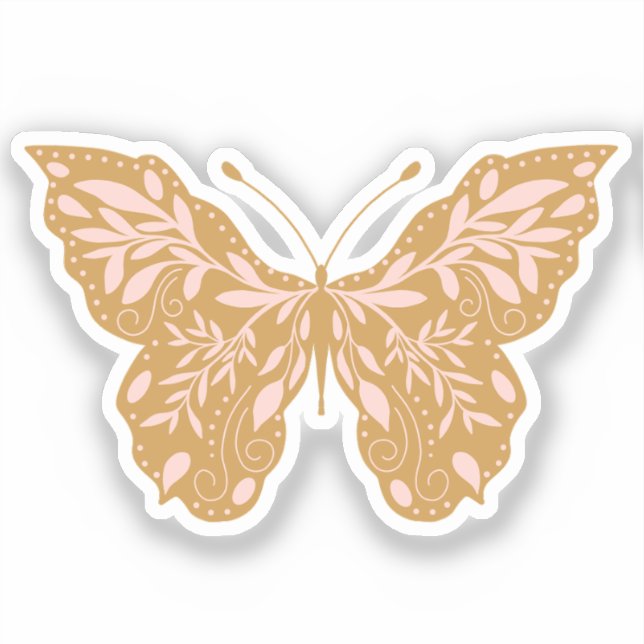 Eleganter rosa und goldener Botanischer Schmetterl Aufkleber (Vorderseite)